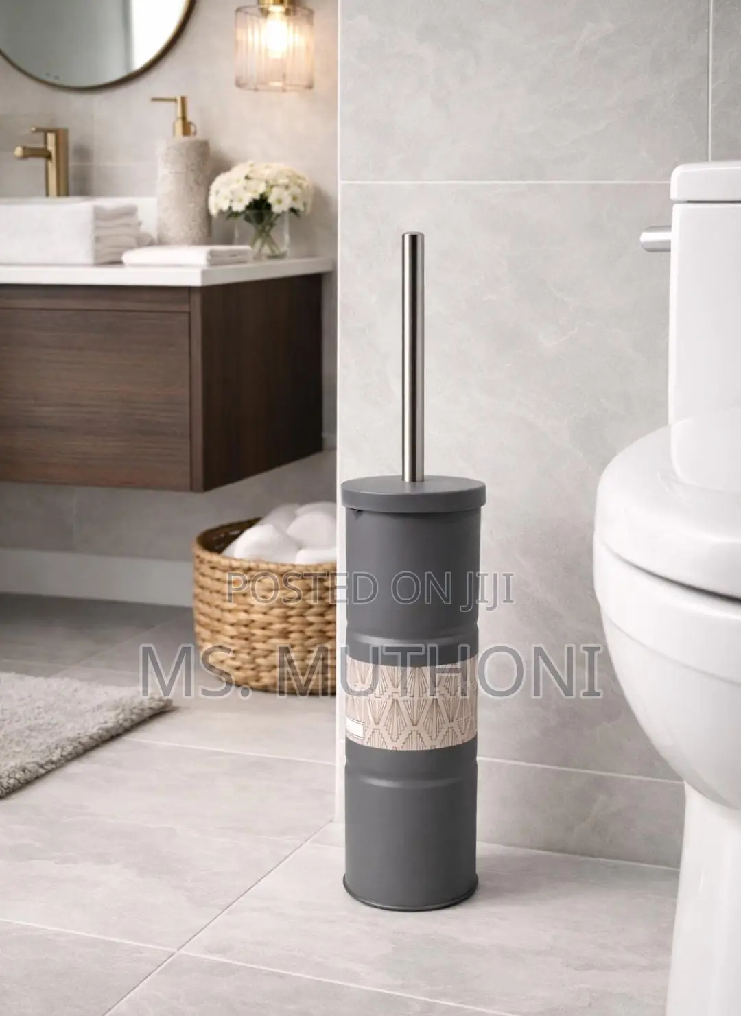 Discreet Toilet Brush and Holder With a Stainless Steel Handle.