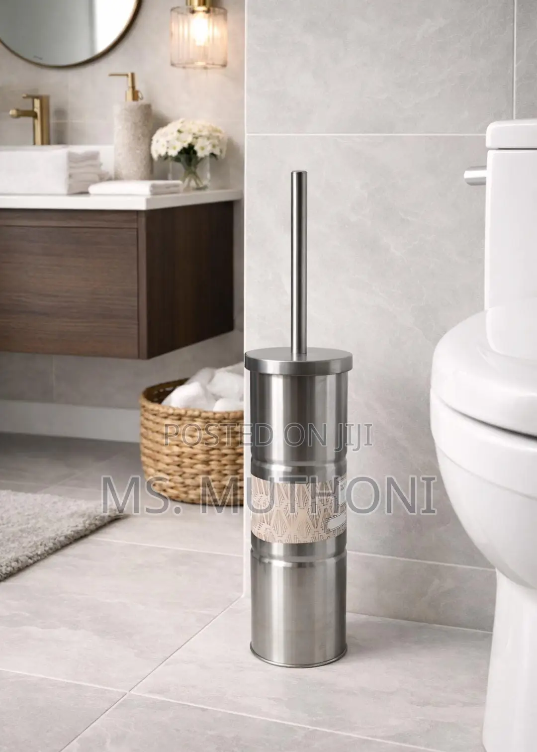 Discreet Toilet Brush and Holder With a Stainless Steel Handle.