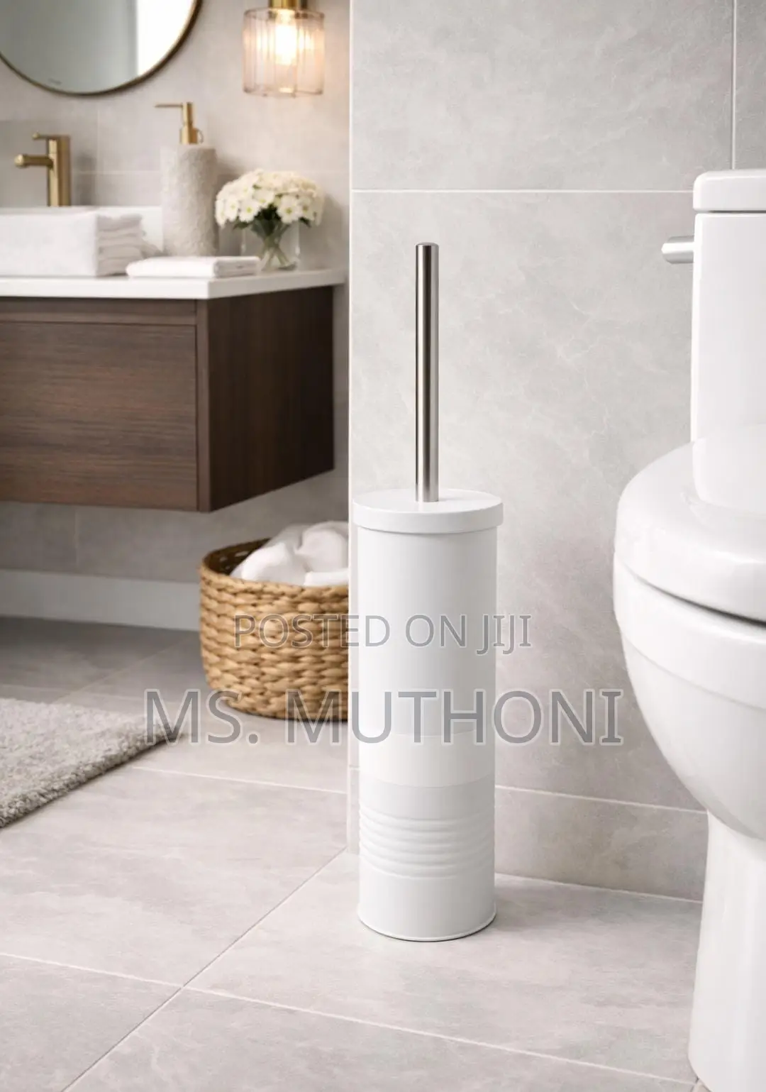 Discreet Toilet Brush and Holder With a Stainless Steel Handle.