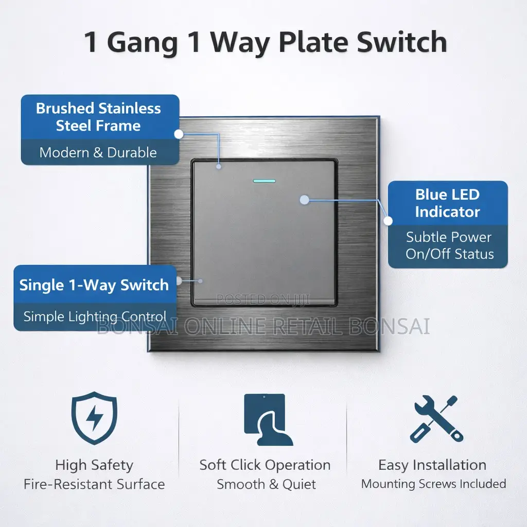 1 Gang 1 Way Wall Switch, Stainless Steel Plate With Led Indicator