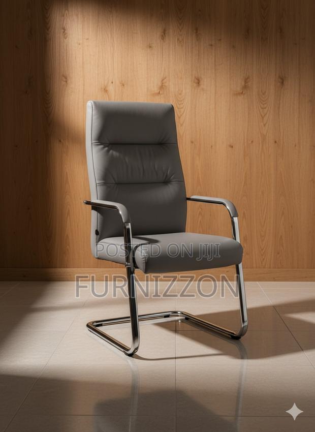 Grey Leather Ergonomic Visitors Boardroom Chair With Iron Base - main view