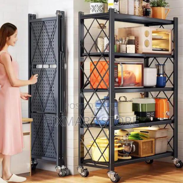 5-Tier Foldable Kitchen Rack on Wheels – Spacious Mobile Storage - main view