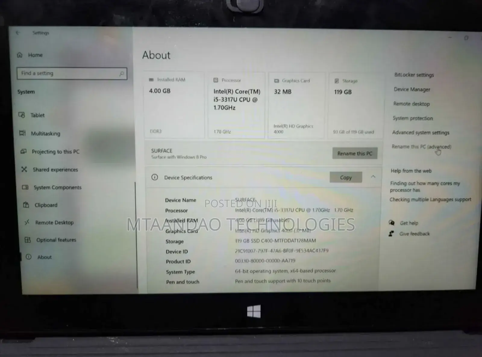 Laptop Microsoft Surface Pro 4GB Intel Core I5 SSD 128GB