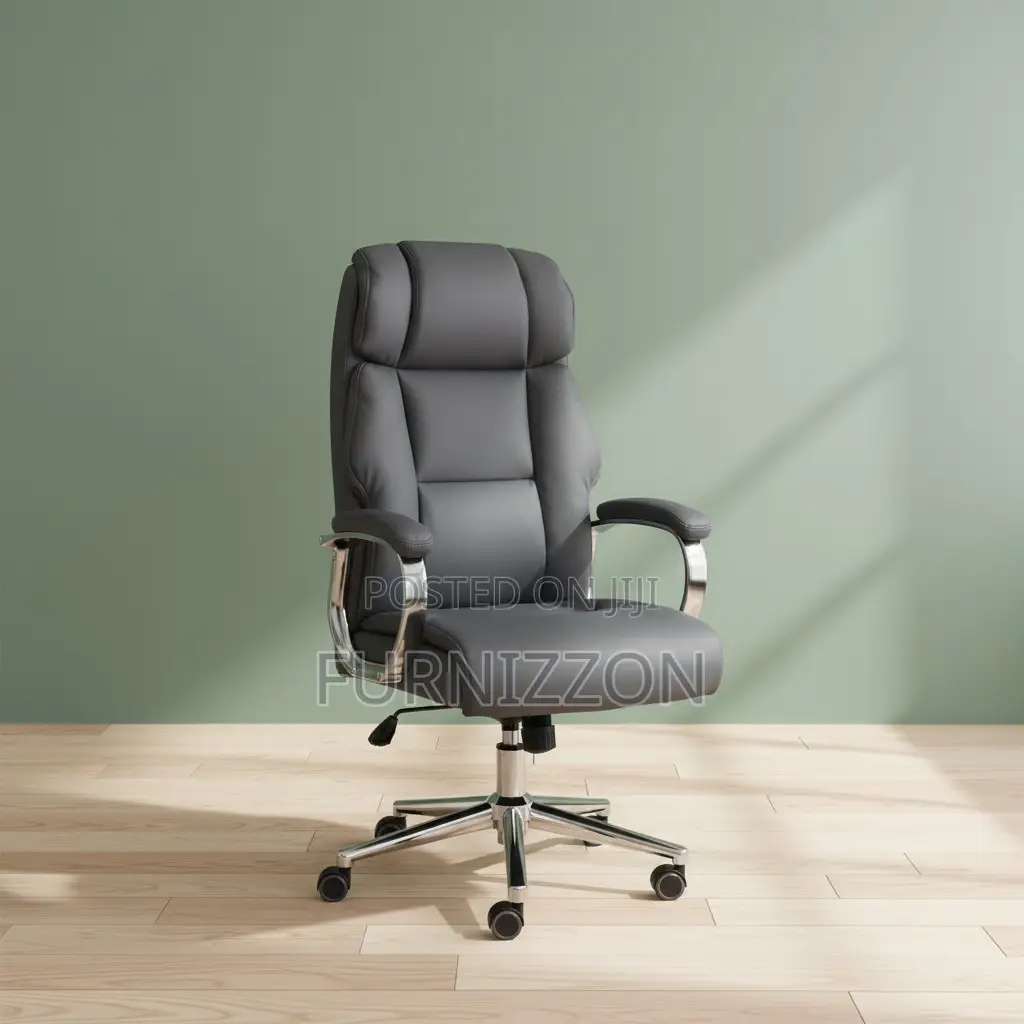 Grey Leather Padded High-Back Office Chair for Executives