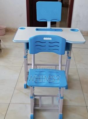 Blue and White Height-Adjustable Kids' Study Table and Chair Set. - main view