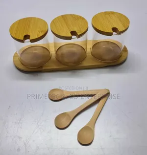 High Quality 3in1 Glass Sugar Set With Bamboo Stand, Lids and Spoons