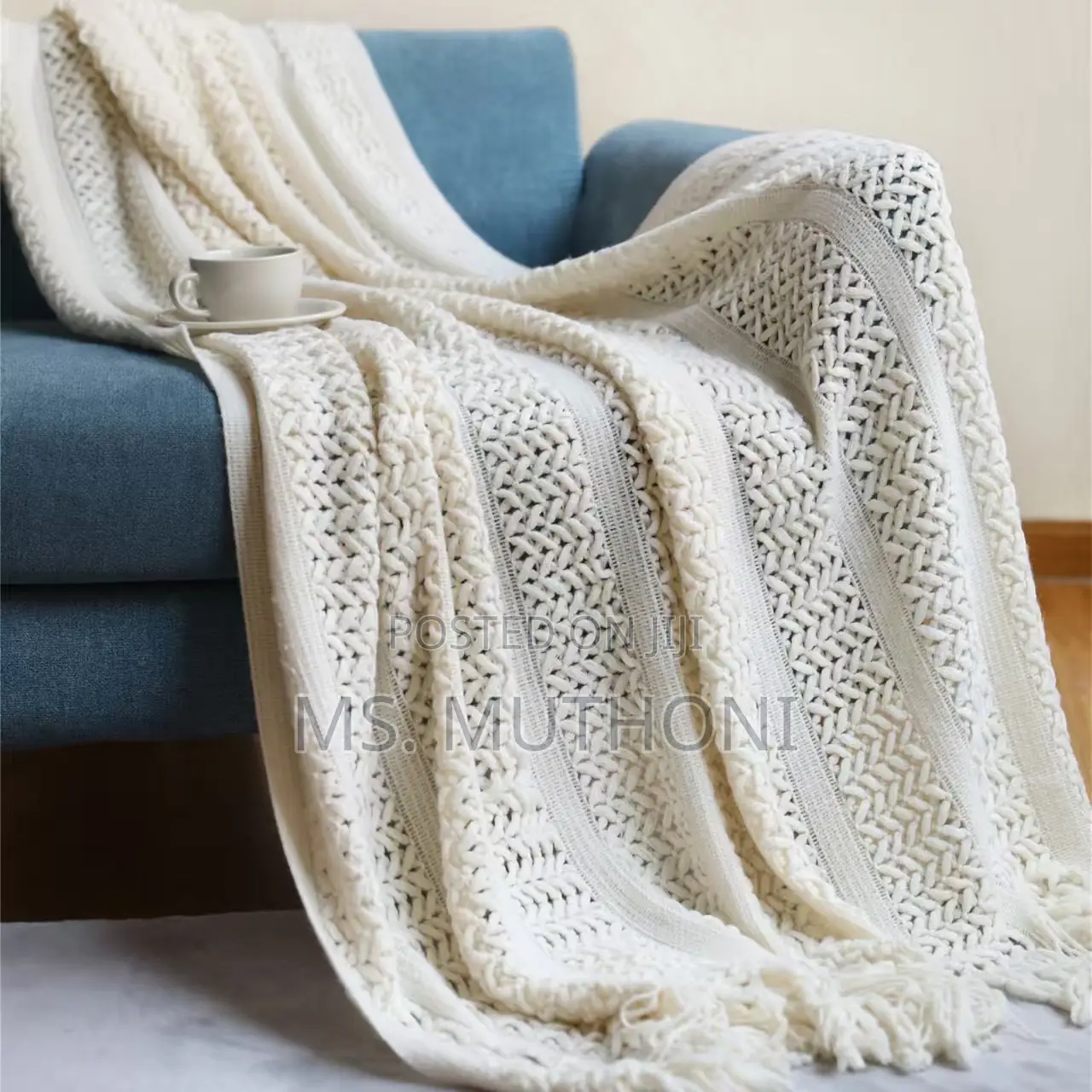 Multiple Colors Knitted Throw Blanket With Tassels.