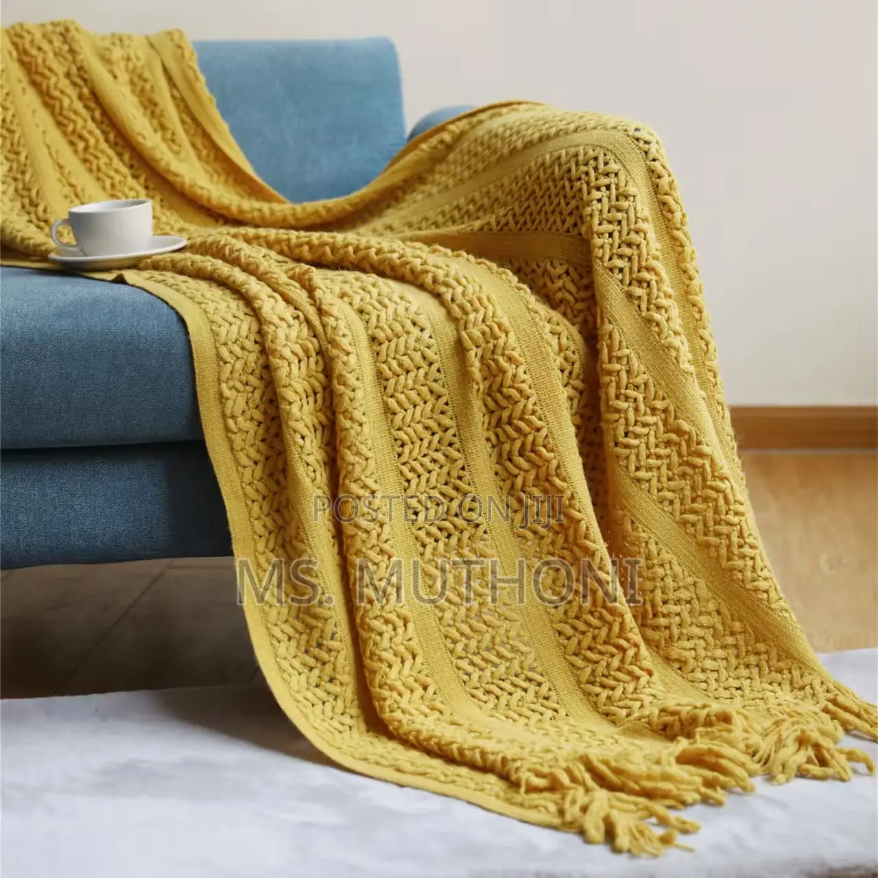 Multiple Colors Knitted Throw Blanket With Tassels.