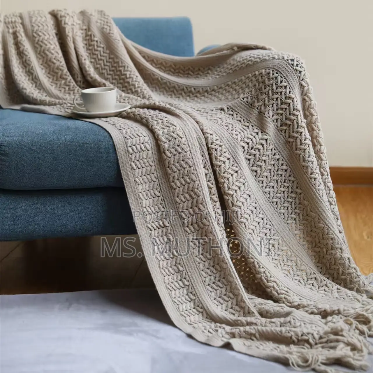 Multiple Colors Knitted Throw Blanket With Tassels.