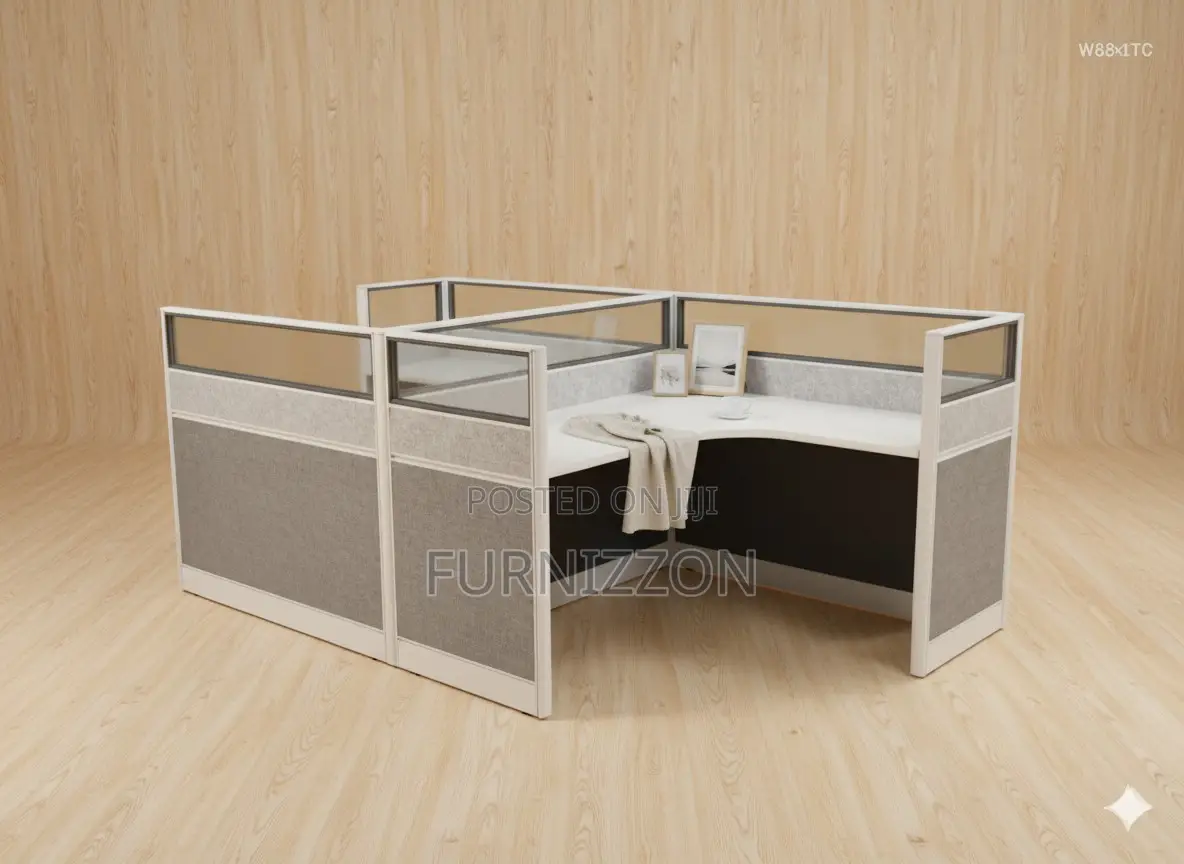 Glass Aluminium Partitioned 2-Cubicle Workstation With Wooden Top