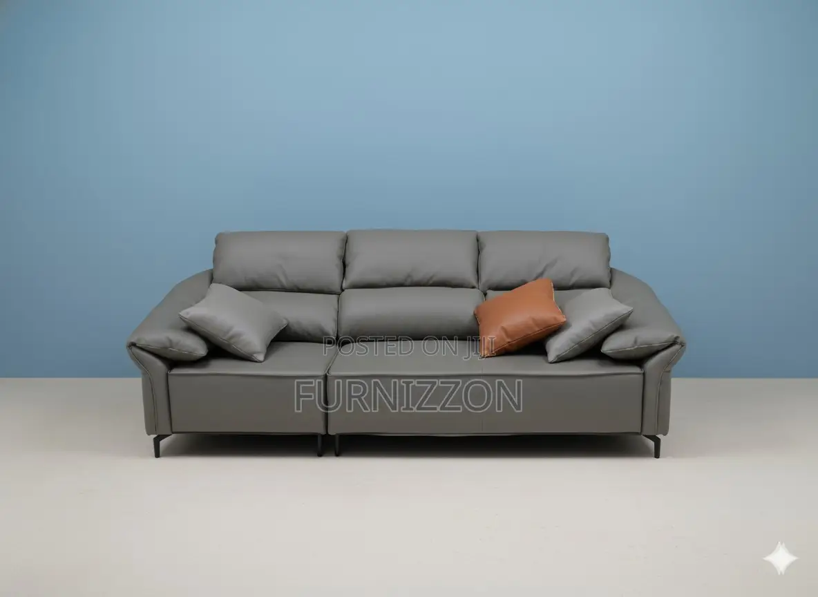 Grey Leather 3-Seater Sofa for Living Room Office