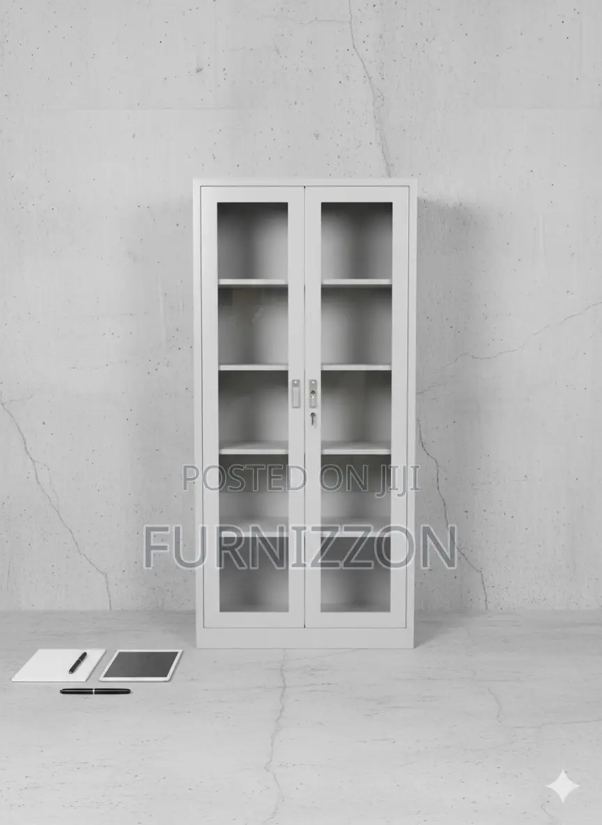 Office Storage Cabinet With Metallic Frame Glass Doors