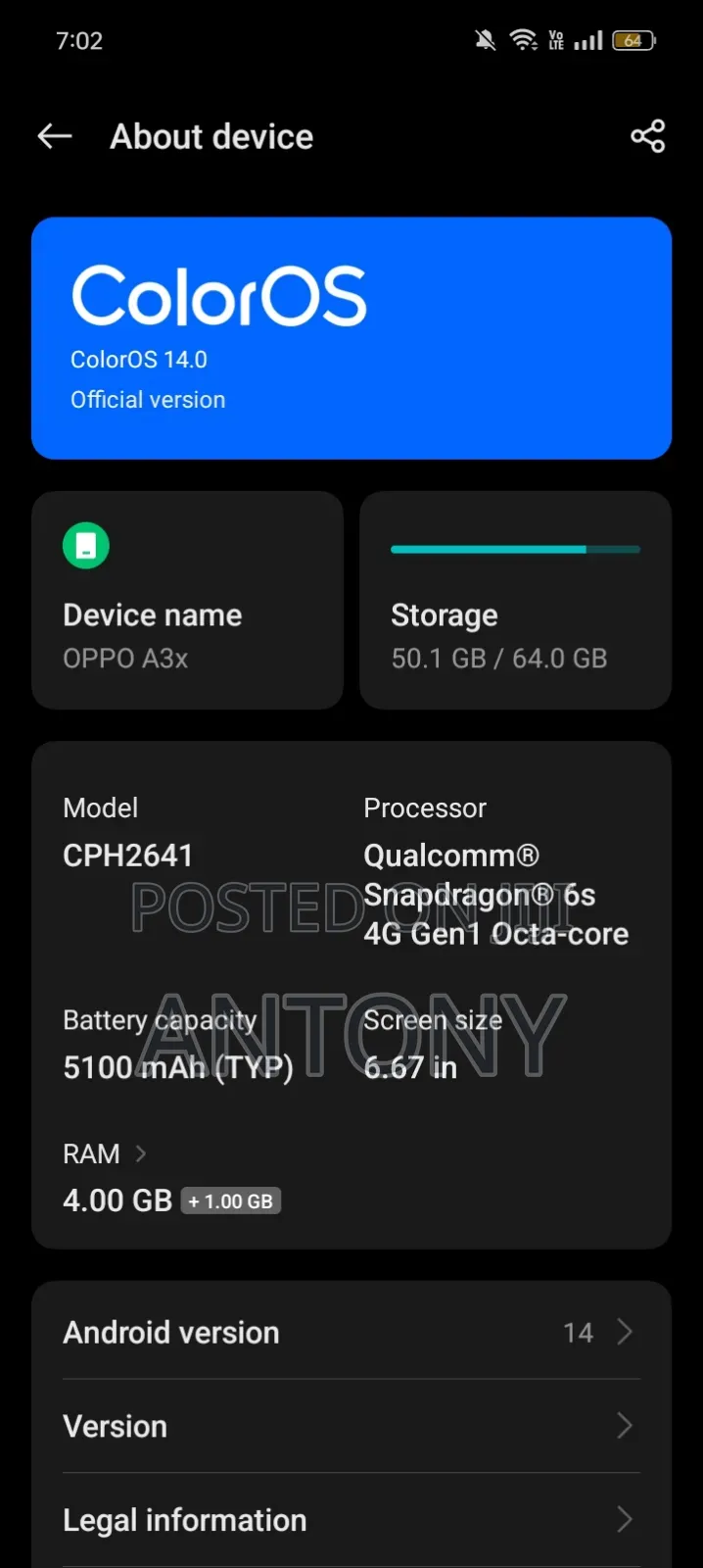 Oppo A3x 64 GB Blue