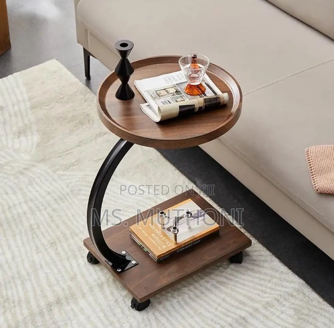Modern Round C-Shaped Side Table With Wheels a Walnut Veneer Finish