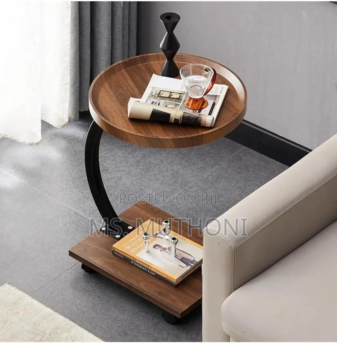 Modern Round C-Shaped Side Table With Wheels a Walnut Veneer Finish