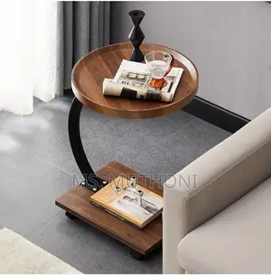 Modern Round C-Shaped Side Table With Wheels a Walnut Veneer Finish