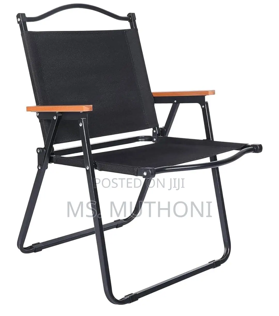 Folding Camping Chair With a Sturdy Frame and Wooden Armrests.