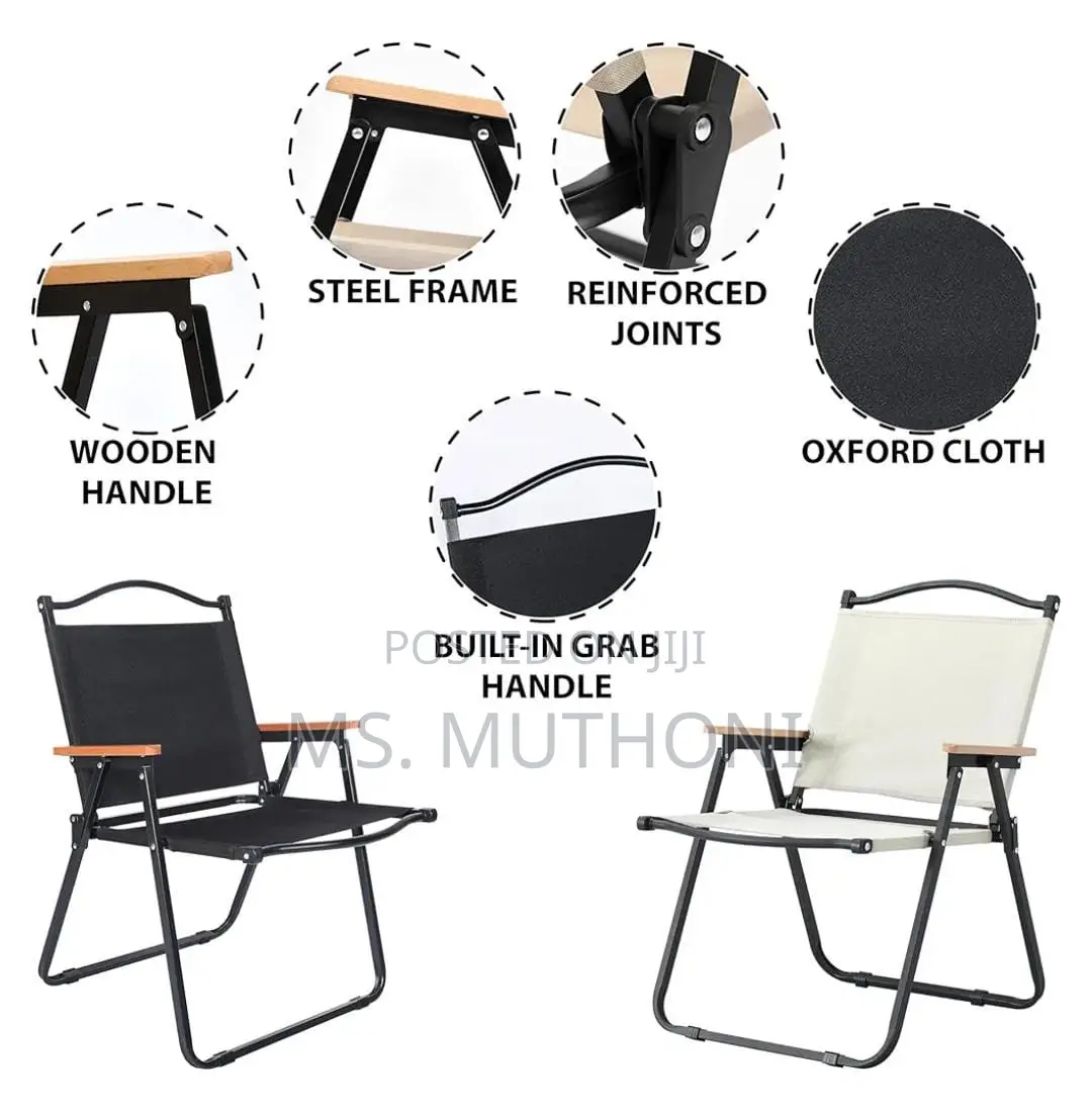 Folding Camping Chair With a Sturdy Frame and Wooden Armrests.