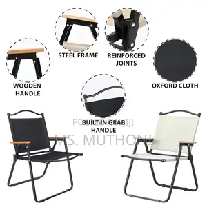 Folding Camping Chair With a Sturdy Frame and Wooden Armrests.