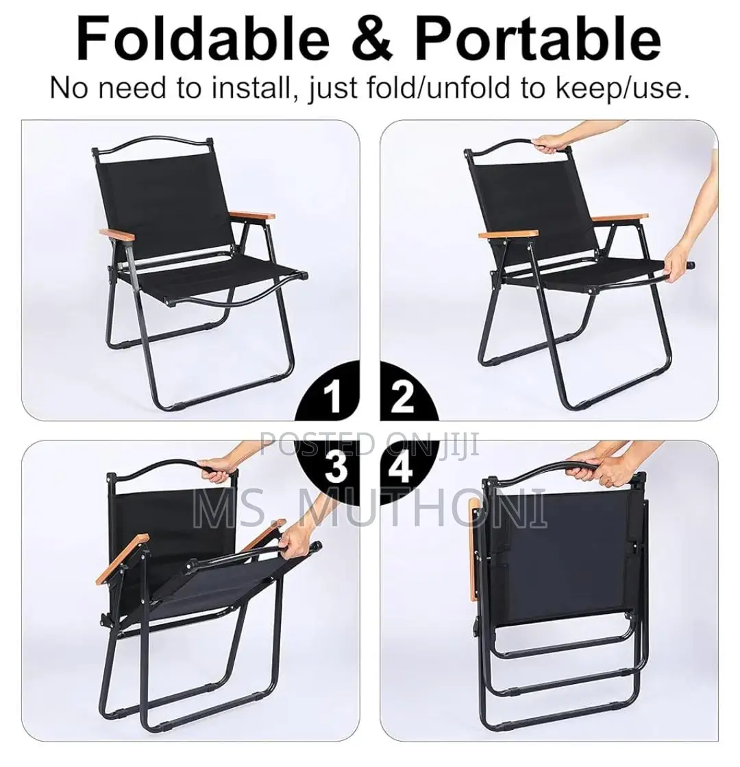 Folding Camping Chair With a Sturdy Frame and Wooden Armrests.