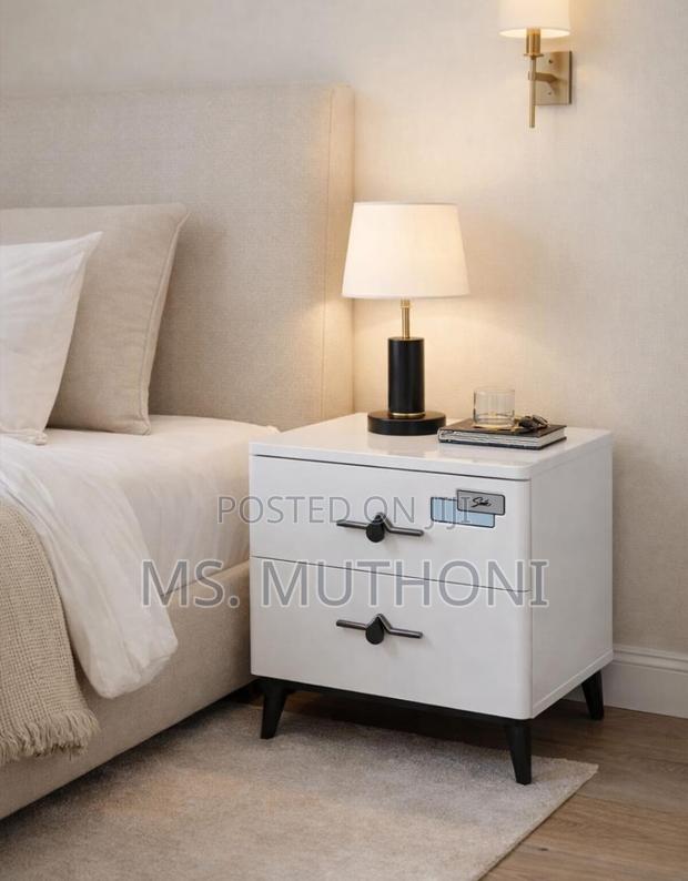 Modern White Nightstand With Black Legs and Handles, - main view