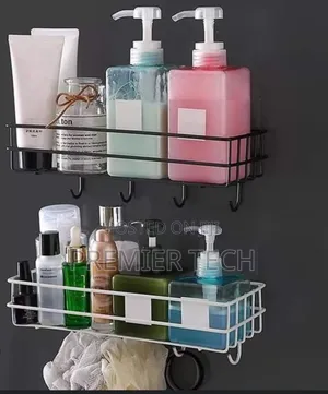 Rectangular Metallic Bathroom Shelf With Hooks