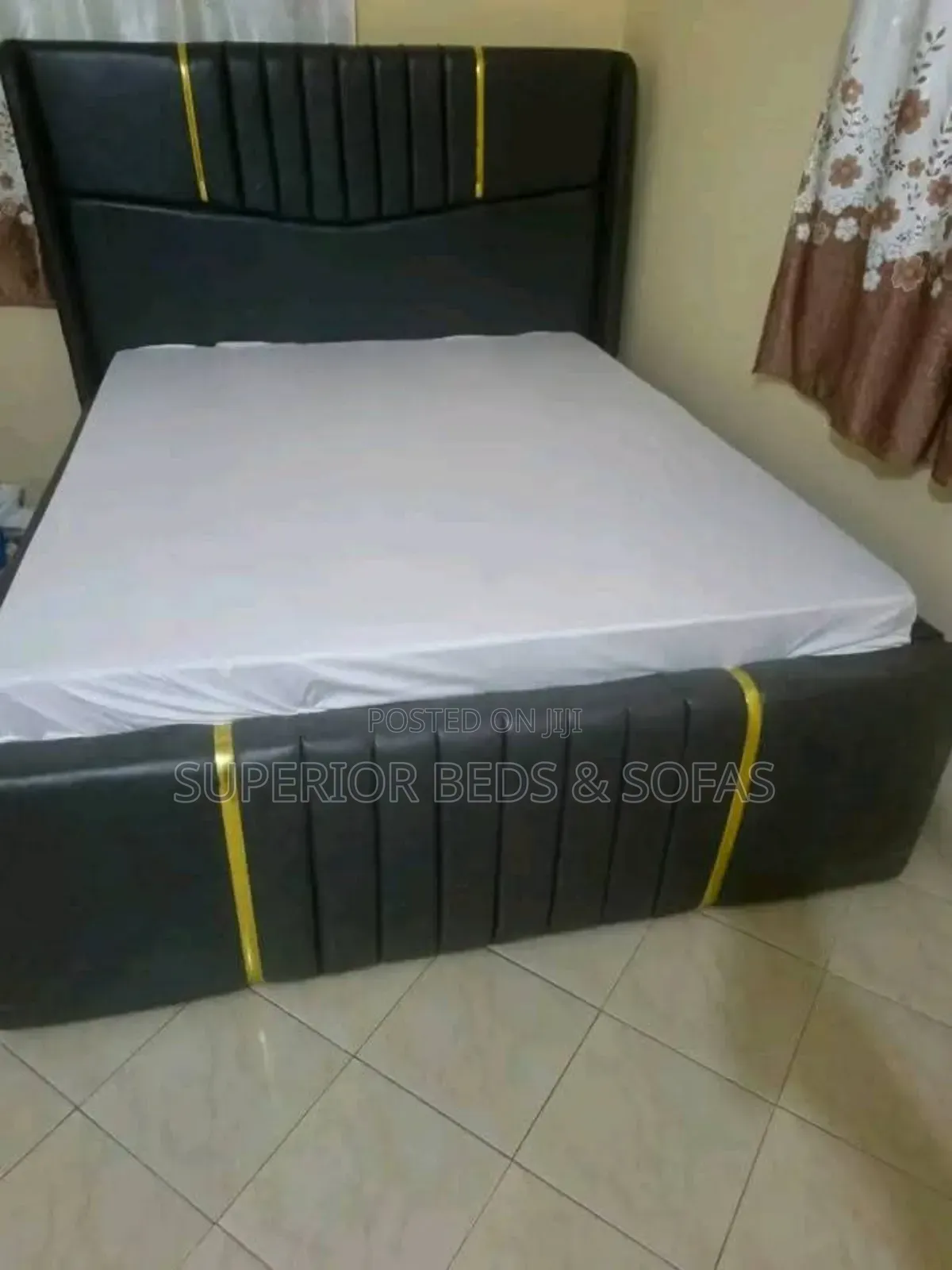 Black Upholstered Bed With Gold Trim 5 by 6 and 4 by 6