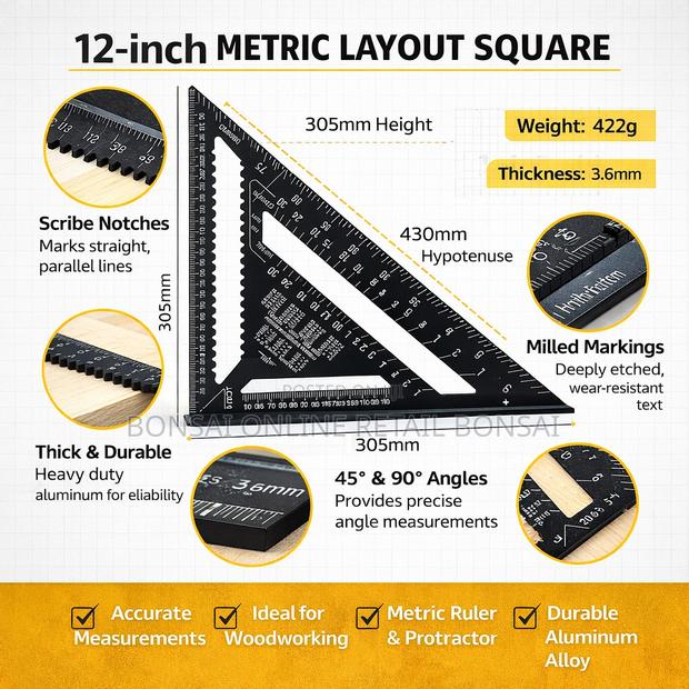 12-Inch Metric Layout Speed Square Carpenter Measuring Tool Aluminum - thumbnail 4