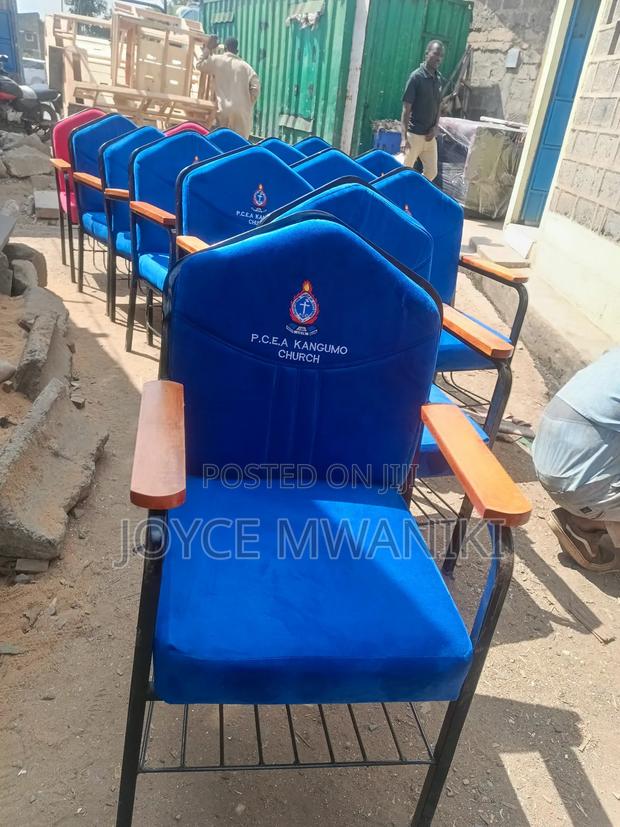 Blue Church Chairs, Branded With Wooden Armrest