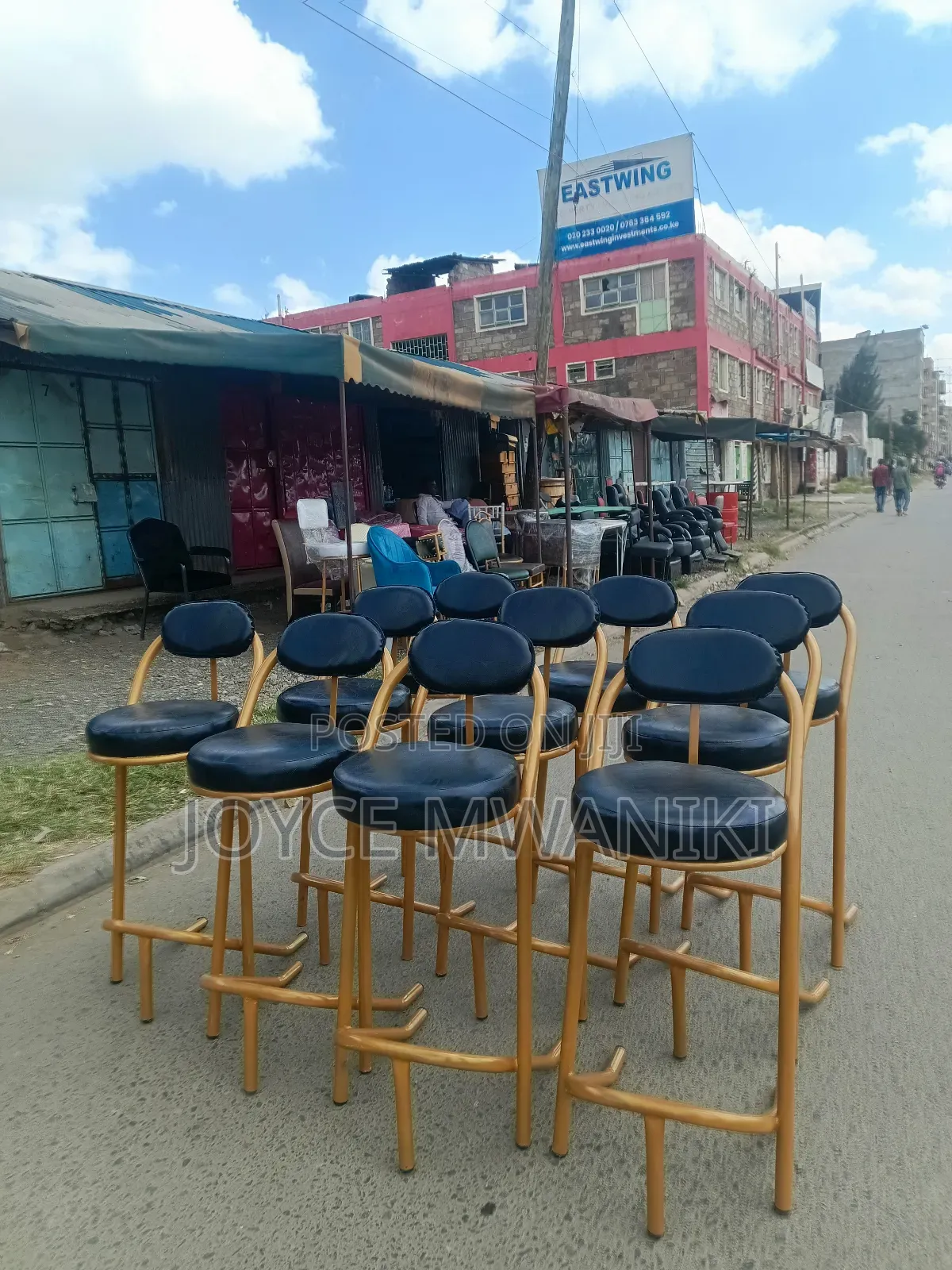 Gold Coated High Bar Chairs With Black Leather 