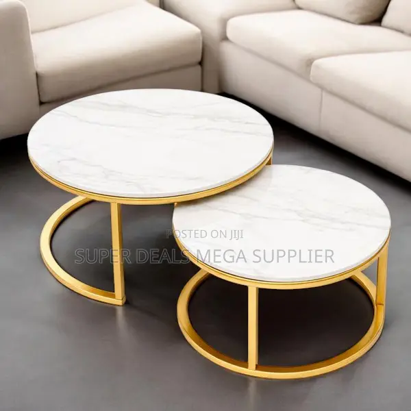 Contemporary Round Marble Nesting Tables With Gold Metal Base