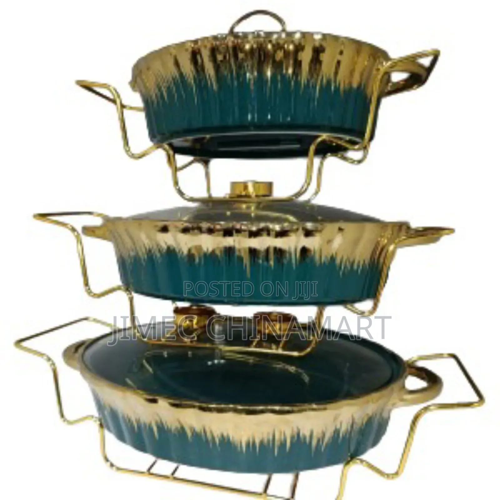 Green-Gold 3pcs Chaffing Dish Set With Gold Stand