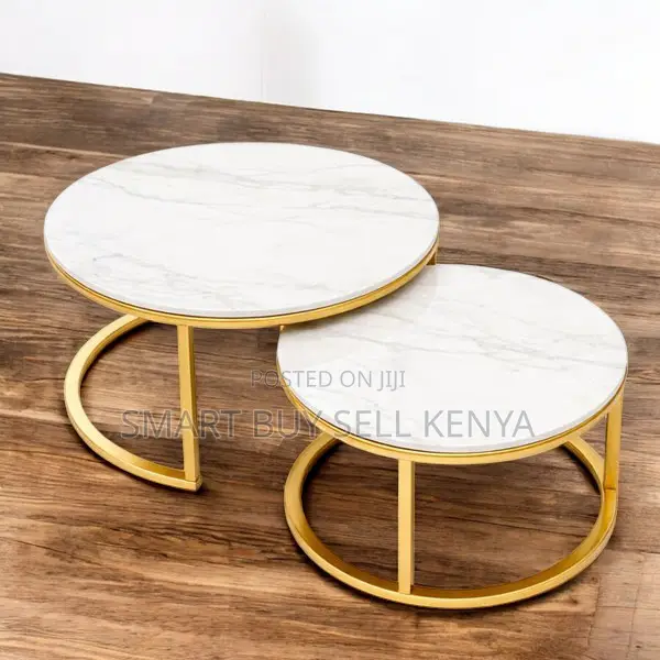Modern White Marble Nesting Tables With Elegant Gold Stand