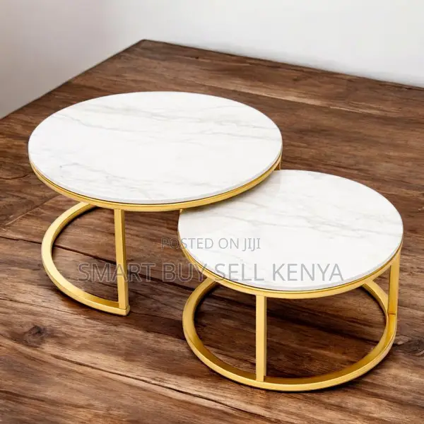 Designer Round Marble Coffee Nesting Tables With Gold Base