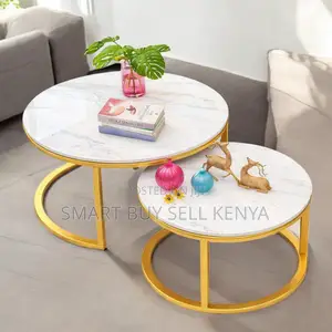 Luxury Round Marble Nesting Tables With Strong Gold Metal Base