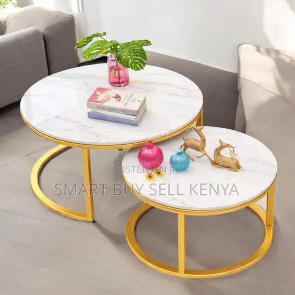 Luxury Round Marble Nesting Tables With Strong Gold Metal Base