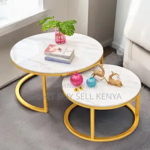 Stylish White Marble Nesting Coffee Tables With Gold Stand