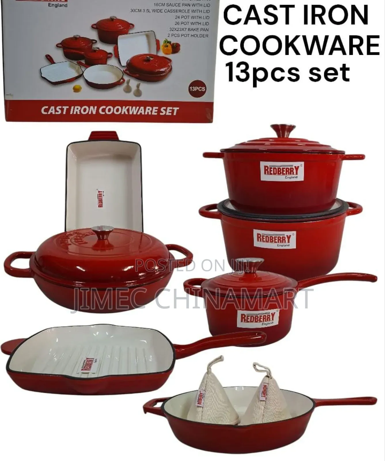 Red 13pcs Cast Iron Cookware Set