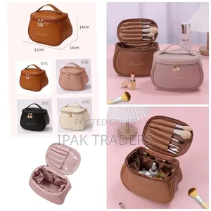 Retro Bucket Toiletries Bag Brown Peach Black Cream