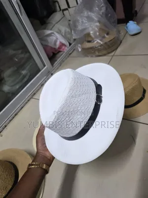 White Straw Mens Hat With a Black Belt Strap Round