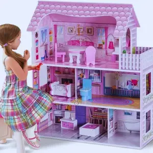 Doll House. Pink Wooden Kids Doll House With Furniture Set