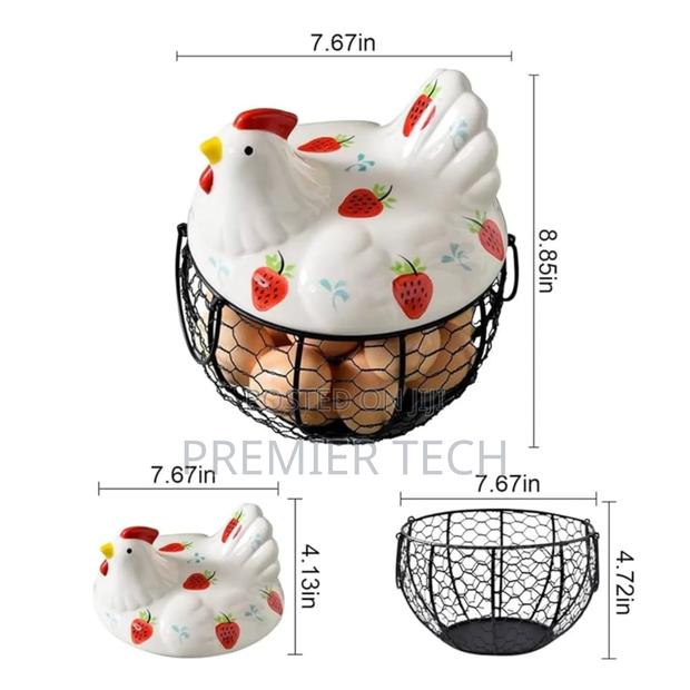 18-25 Egg Metal Wire Egg Basket With a Stylish Ceramic Chicken Cover - thumbnail 2