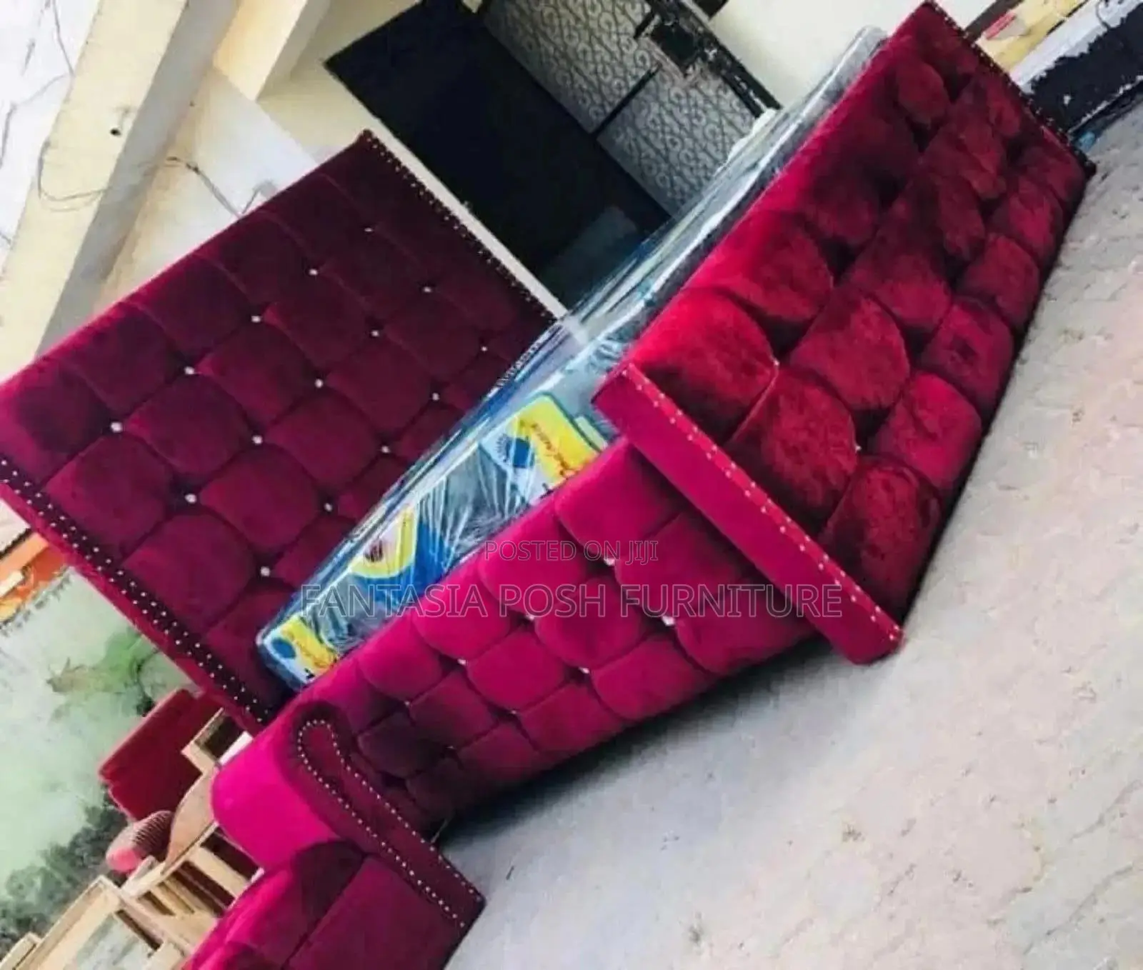 5x6 Burgundy Fabric Button-Tufted Bed