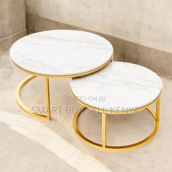 Premium Round Marble Coffee Nesting Tables With Gold Frame