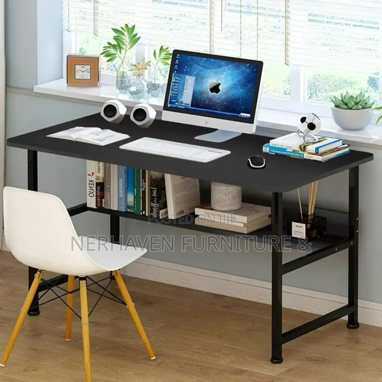 Modern Metallic Desk With Book Item Shelves