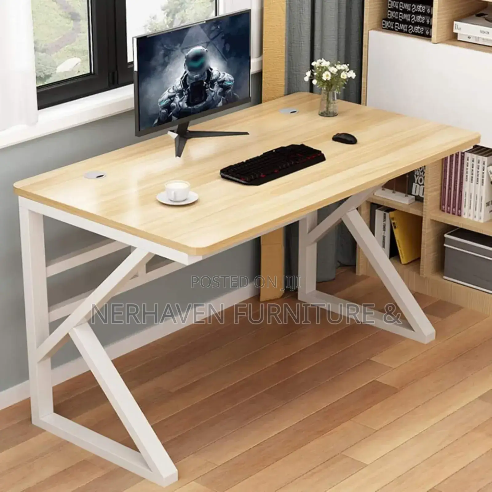 Sturdy Wooden Top Desk With Metallic Frame