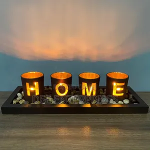 Home - Branded 4pc Glass Candle Holder Set With Wooden Placement
