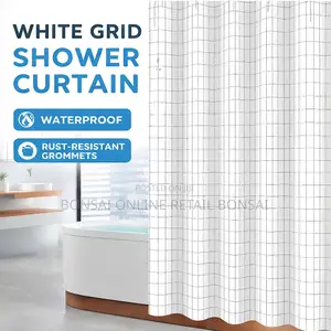 Peva Waterproof Shower Curtain 180×200cm White Plaid With Hooks