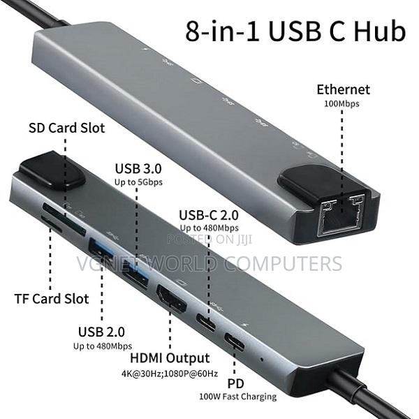 Type -C Adapter 8 in 1 Hub Adapter, Usb C Hdmi, Ethernet, Usb 3.0,