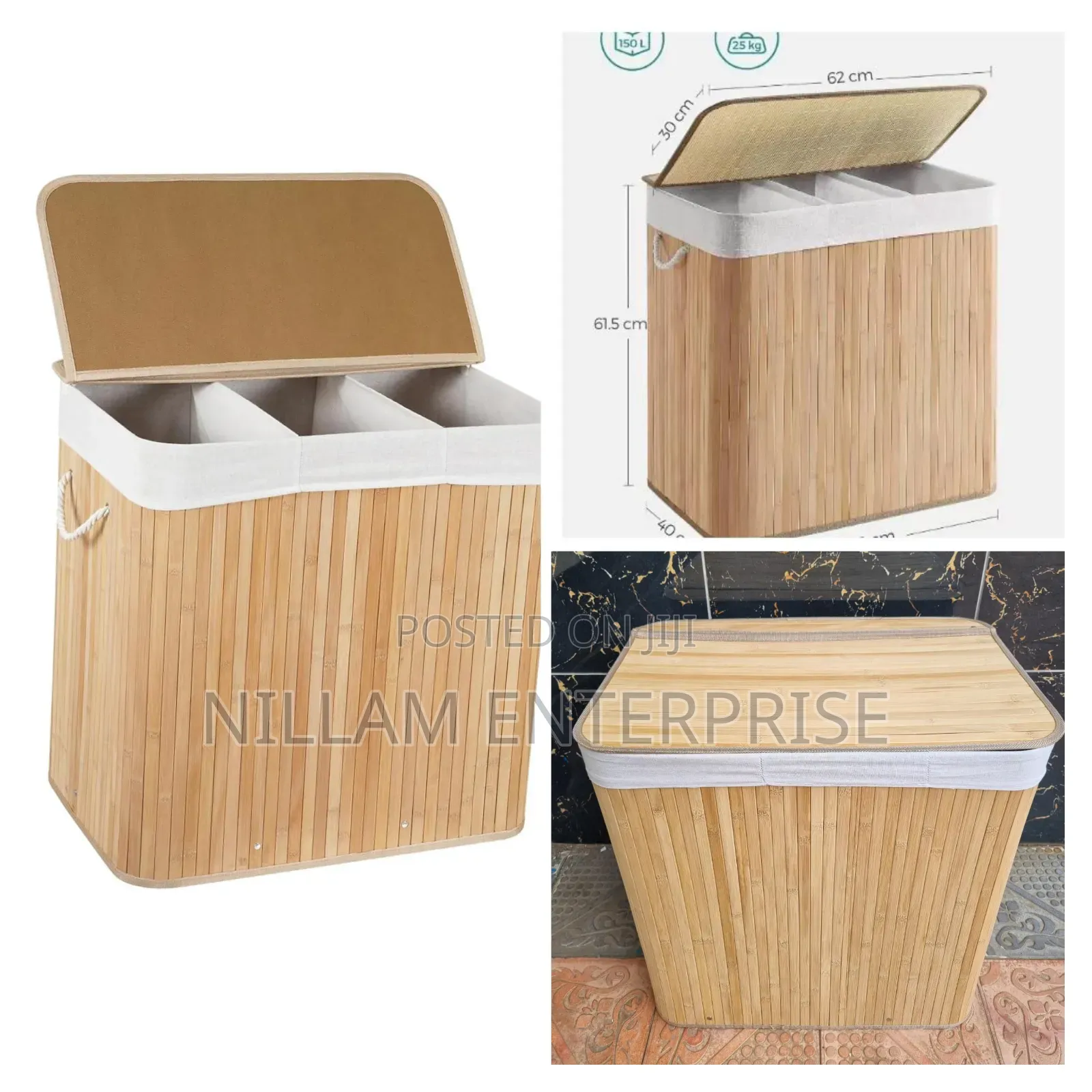 *3 Grid Foldable Bamboo Laundry Basket*